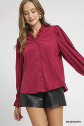 Umgee Corduroy Ruffle Shirt with Long Puff Sleeves OutfitFlow